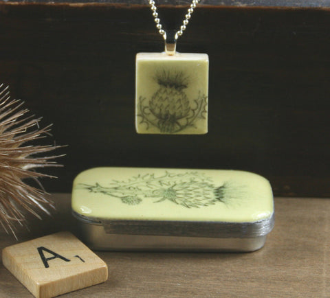 Cottage Garden Scrabble Tile Pendant and Teeny Tiny Tin - Thistle
