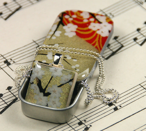A Scrabble Tile Pendant and Teeny Tiny Tin Golden Blossom White