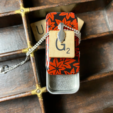 A Scrabble Tile Pendant and Teeny Tiny Tin Red Leaves