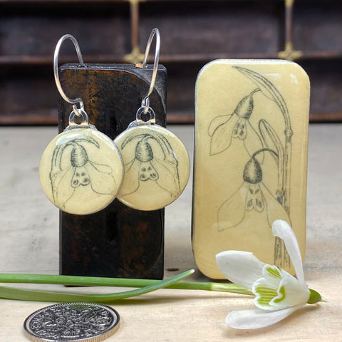 Cottage Garden Sixpence Earrings and Teeny Tiny Tin - Snowdrop