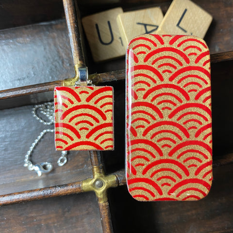A Scrabble Tile Pendant and Teeny Tiny Tin Ocean Red