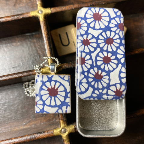 A Scrabble Tile Pendant and Teeny Tiny Tin Batik Navy