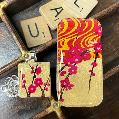 A Scrabble Tile Pendant and Teeny Tiny Tin Golden Blossom Pink