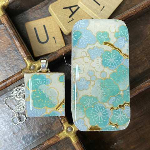 A Scrabble Tile Pendant and Teeny Tiny Tin Sakura Blue