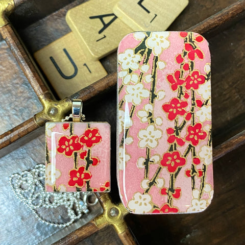 A Scrabble Tile Pendant and Teeny Tiny Tin Sunset Pink Blossom