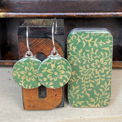 Sixpence Earrings and Teeny Tiny Tin - Ditsy Green