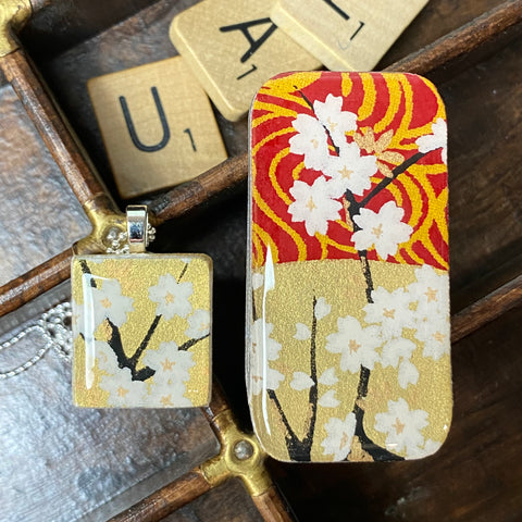 A Scrabble Tile Pendant and Teeny Tiny Tin Golden Blossom White