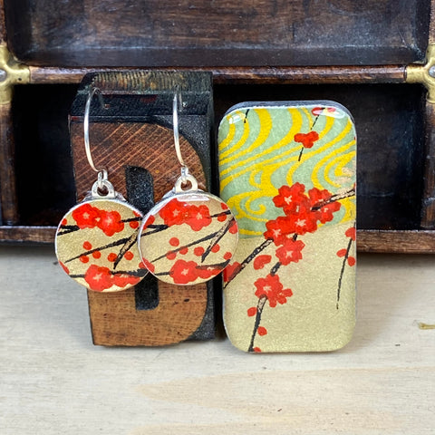 Sixpence Earrings and Teeny Tiny Tin Golden Blossom Red