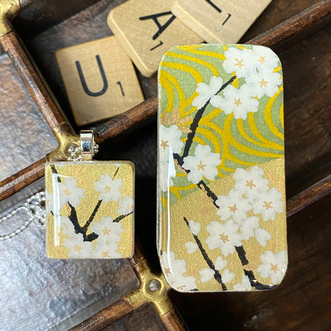 A Scrabble Tile Pendant and Teeny Tiny Tin Golden Green