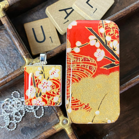 A Scrabble Tile Pendant and Teeny Tiny Tin Chiyo Red