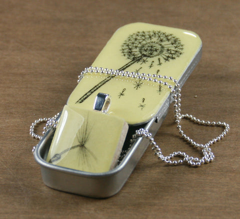 Cottage Garden Scrabble Tile Pendant and Teeny Tiny Tin - Dandelion