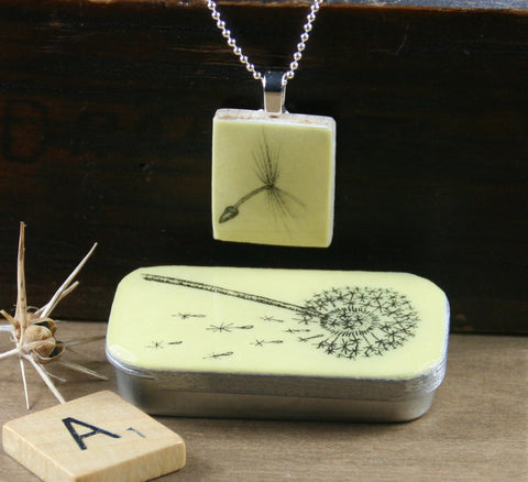 Cottage Garden Scrabble Tile Pendant and Teeny Tiny Tin - Dandelion