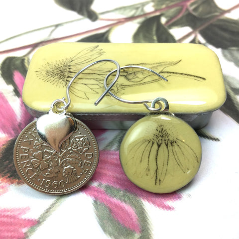 Cottage Garden Sixpence Earrings and Teeny Tiny Tin - Echinacea