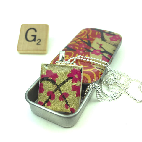 A Scrabble Tile Pendant and Teeny Tiny Tin Golden Blossom Pink