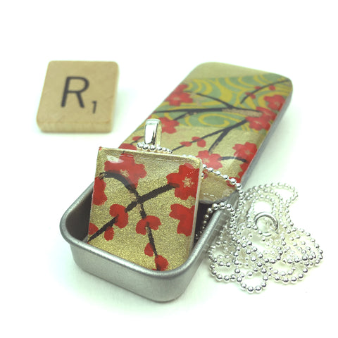 A Scrabble Tile Pendant and Teeny Tiny Tin Golden Blossom Red