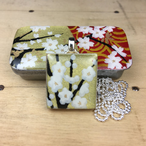 A Scrabble Tile Pendant and Teeny Tiny Tin Golden Blossom White