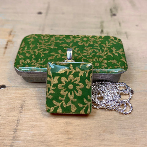 A Scrabble Tile Pendant and Teeny Tiny Tin Ditsy Green