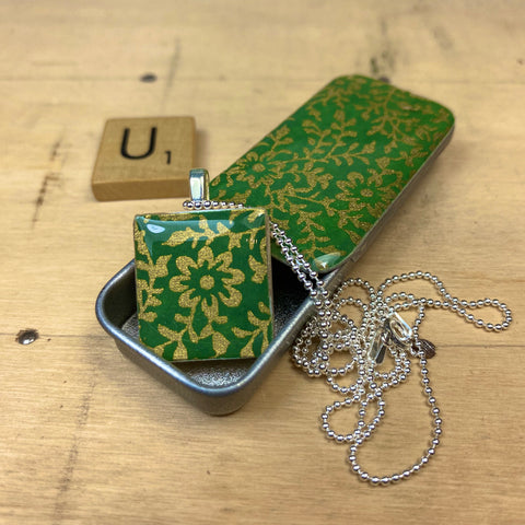 A Scrabble Tile Pendant and Teeny Tiny Tin Ditsy Green