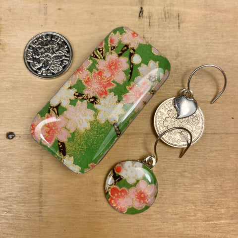 Sixpence Earrings and Teeny Tiny Tin - Coral Jade