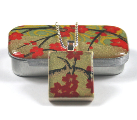A Scrabble Tile Pendant and Teeny Tiny Tin Golden Blossom Red