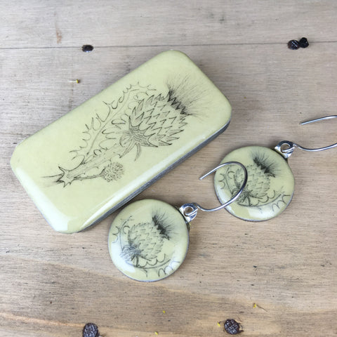 Cottage Garden Sixpence Earrings and Teeny Tiny Tin - Thistle